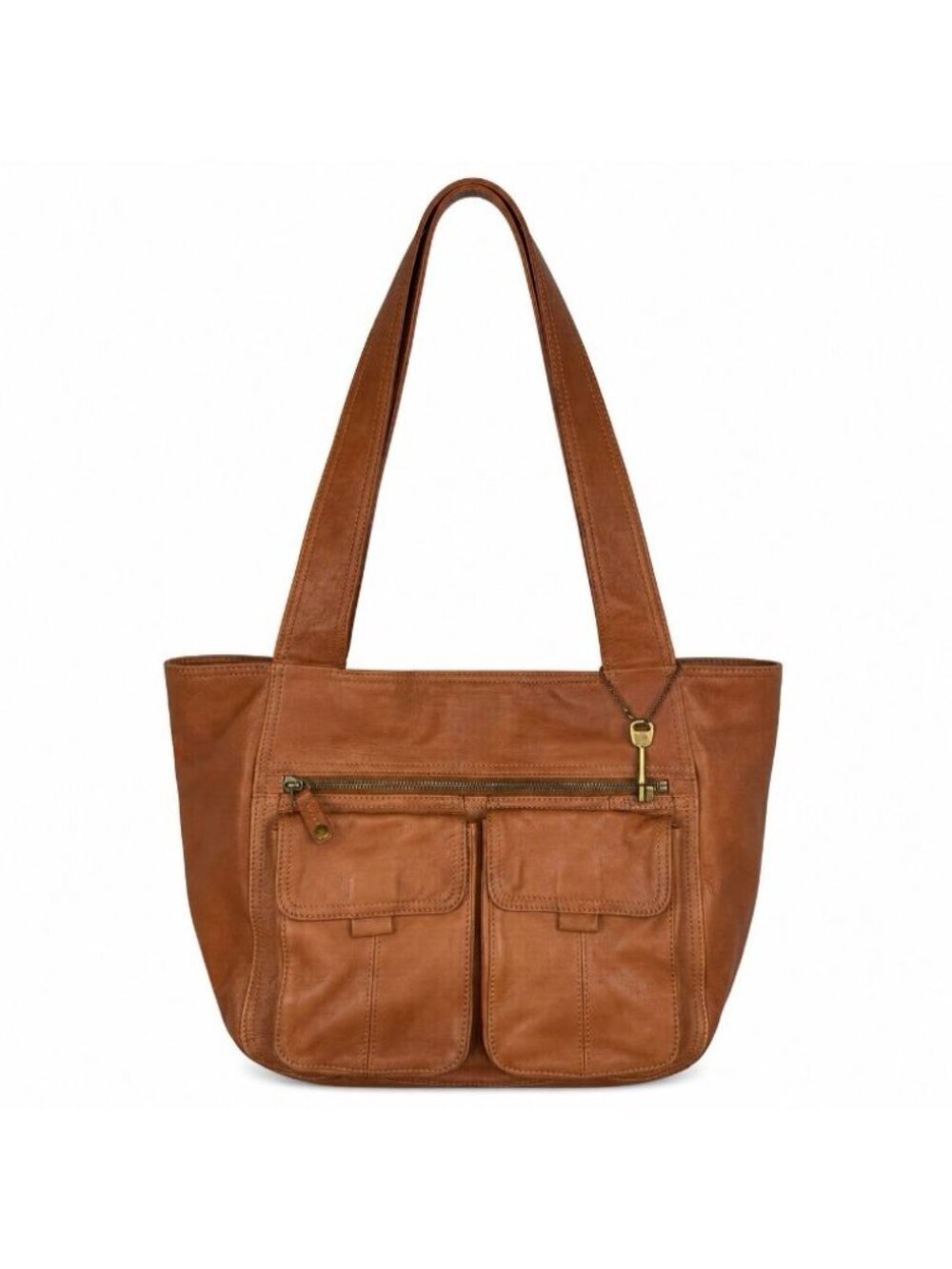 Fossil Tan/Cognac Leather Satchel Handbag ID Holder ZB 8948 Dual Shoulder Straps